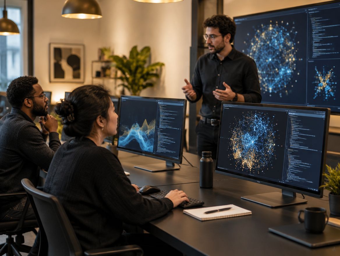Adult learners at a long desk with large data displays while an instructor explains.