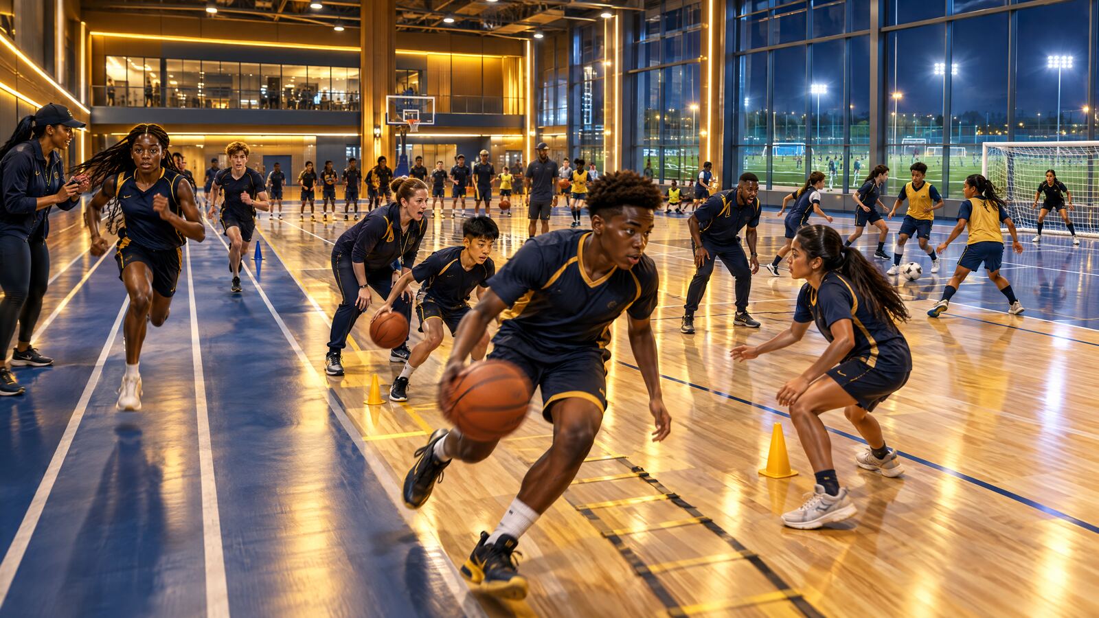 Concept rendering: racially diverse youth athletes training basketball, sprints and futsal in a busy multi-sport hall at night, with coaches cheering them on.