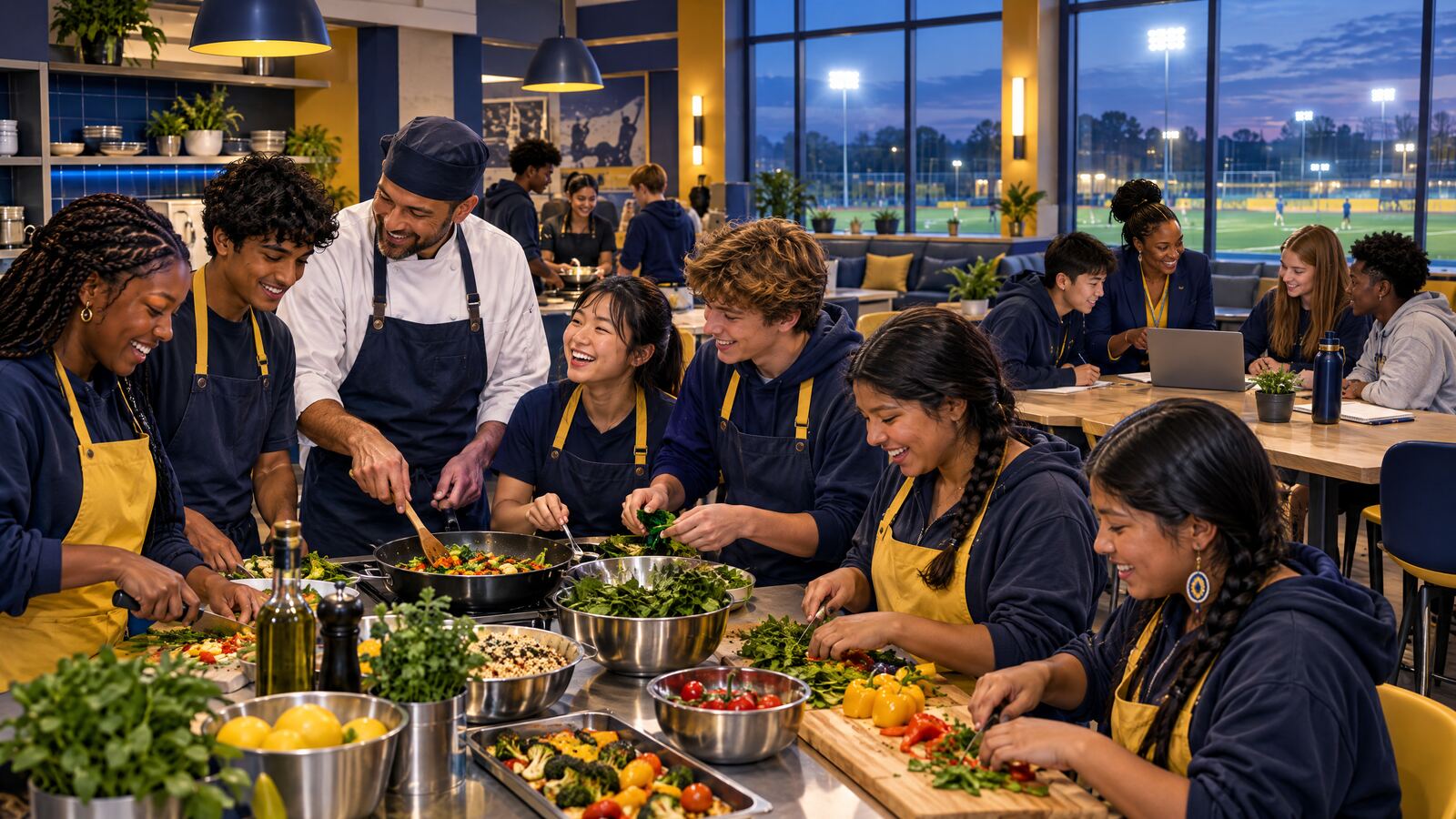 Concept rendering: racially diverse teens cooking a healthy meal with a chef mentor while others work on budgeting with a coach.