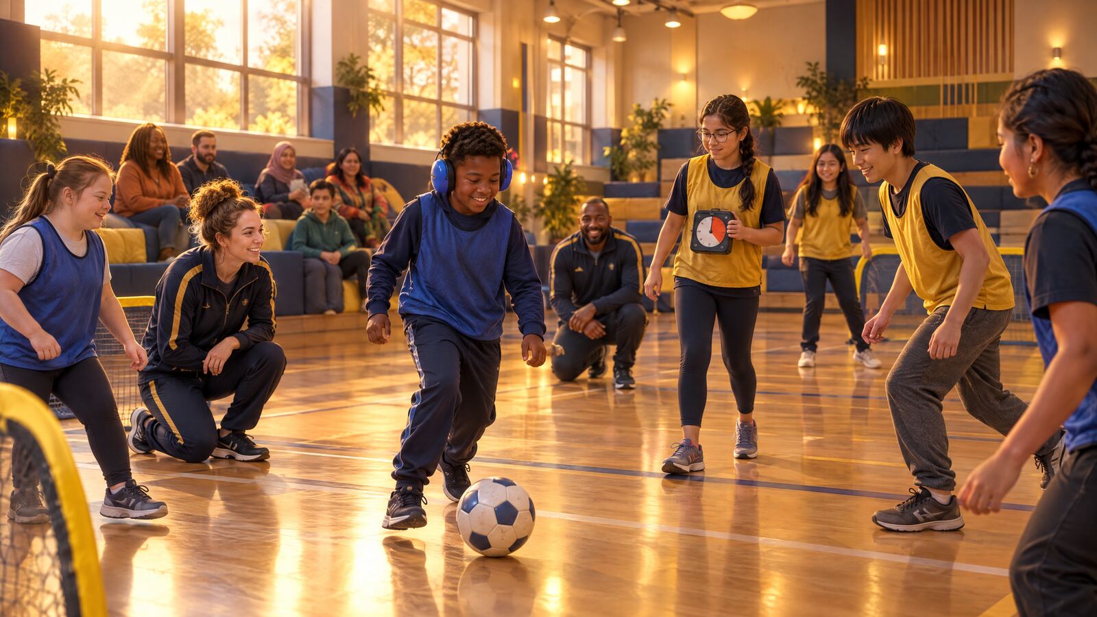 Concept rendering: children and teens taking part in an adapted soccer session with patient coaches in a calm, sensory-considered setting.