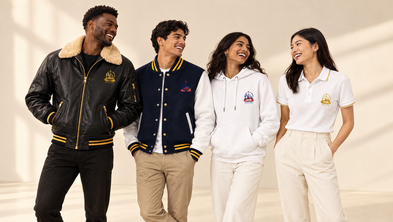 Concept campaign image: four racially diverse friends wearing AFSV VRC jackets, a hoodie and a polo, laughing in a bright studio.
