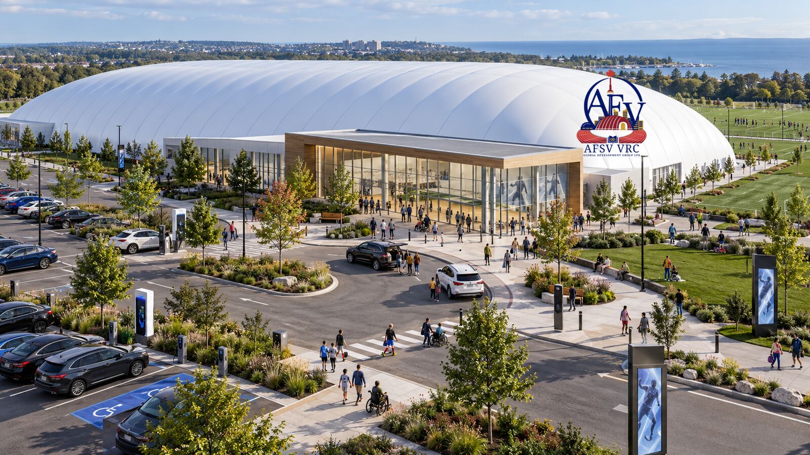 Conceptual rendering: a large white inflatable sports dome carrying the AFSV VRC crest, with a glass-fronted entrance pavilion, landscaped plaza, accessible parking and people arriving, and a lake on the horizon. Not an existing facility.